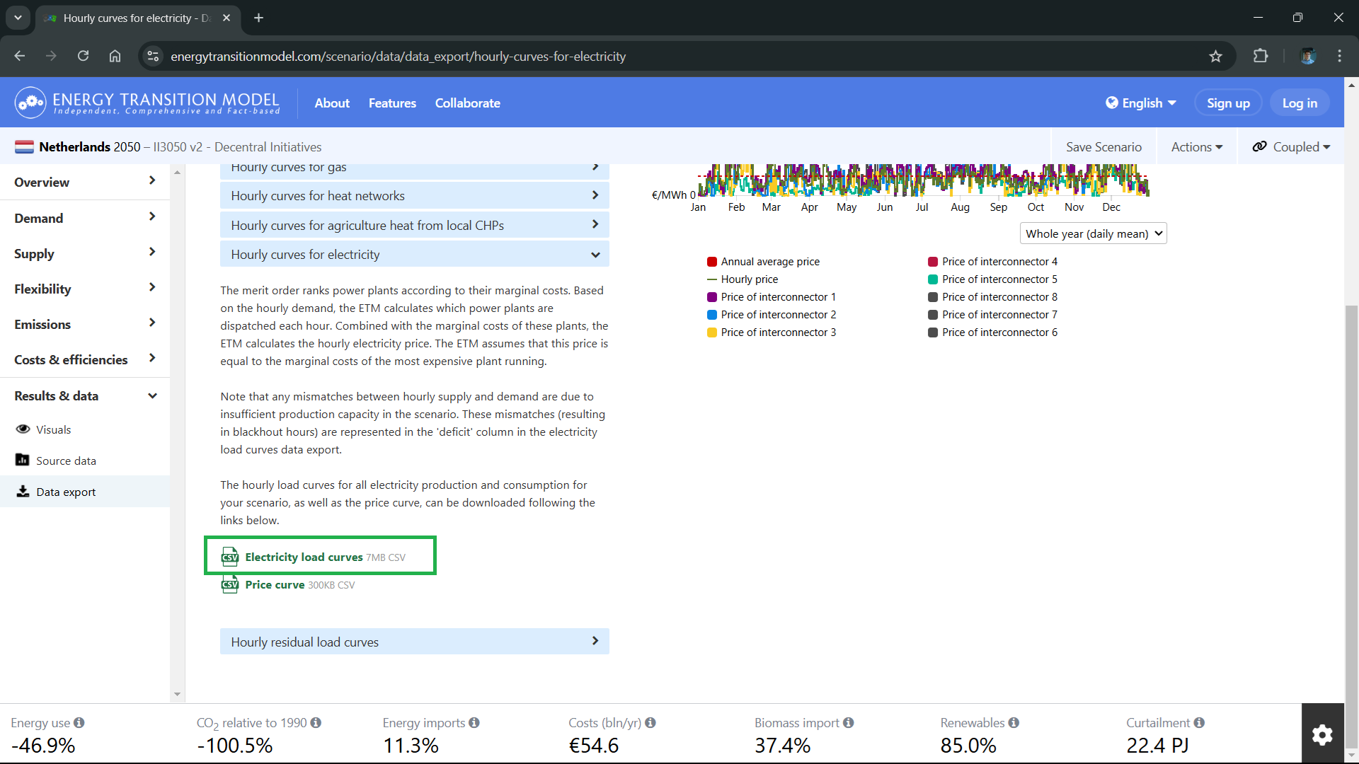ETM interface showing the download location for hourly electricity curves