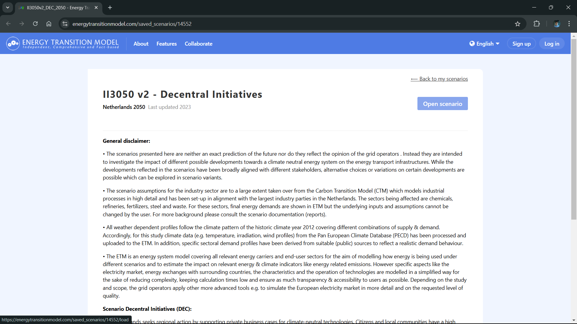 ETM interface showing the II3050 Decentral Incentives scenario start screen
